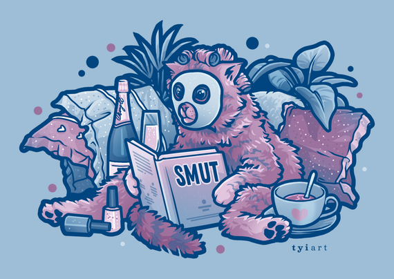 Digital drawing of a cat wearing a face mask and reading a book titled "smut", with champagne, coffee, pillows and plants around her.