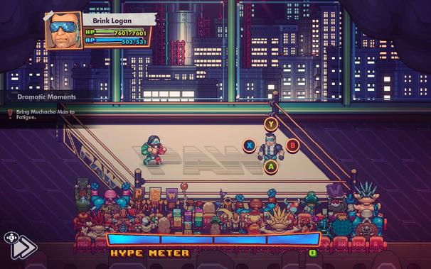 The players avatar is in a vibrant wrestling ring, preparing for a match. In the background, a city skyline is visible with neon signs illuminating the scene. Spectators fill the stands, watching the event unfold.