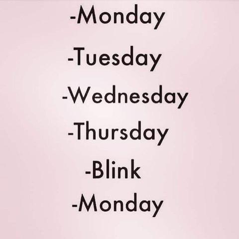 A humorous image listing the days of the week but replacing Friday, Saturday, and Sunday with the word "Blink" to show how fast the weekend feels for educato