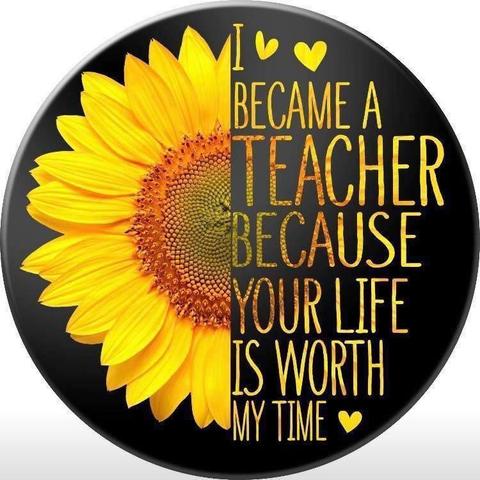 An inspirational graphic for educators featuring a sunflower and the quote, "I became a teacher because your life is worth my time."
