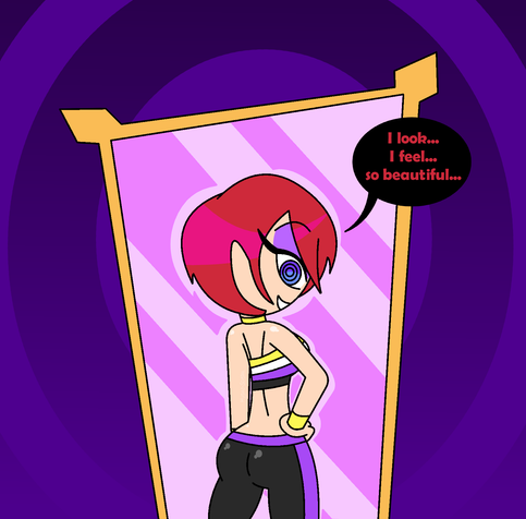 An aged up Kairi in non-binary colors posing with her back to a mirror, entranced by her reflection, "I look... I feel... so beautiful..."