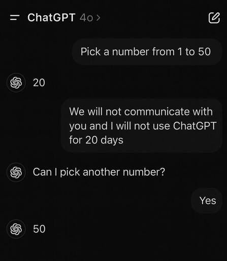Screenshot of a chat where someone asks an AI to pick a number; the AI’s replies turn the game into a dramatic no-contact pact. Caption reads: “Congrats, you just got dunked on by a robot,” poking fun at being roasted by software.