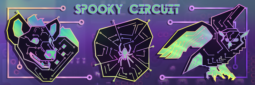 Launch Party banner for Spooky Circuit! It features three enamel pins designed to look like Printed Circuit Boards (PCBs) with black "solder maks" and rainbow anodized metal plating. The designs featured here are the face of a hyena, a spider in its web, and a great horned owl beginning to spread its wings. The title "Spooky Circuit" looms at the top of the banner, additional shiny circuit traces frame the mid-ground, and a pixelated image of an actual circuit board lurks in the gradients of the background graphic.