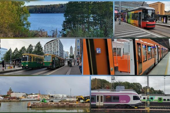 Collage of various Helsinki sights: A lake in the woods, a tram with a progressive Pride flag, two high-floor trams crossing at a tram stop, a modern subway car with doors open, view of the port, and a commuter train crossing an intercity train.