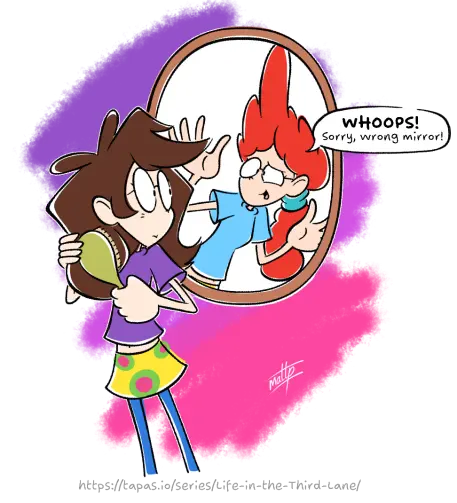 Matthew Prower's drawing of Pepper Ann's reflection, appearing in the mirror of Natalie from Matthew's webcomic "Life in the Third Lane" who is wearing Pepper Ann's outfit