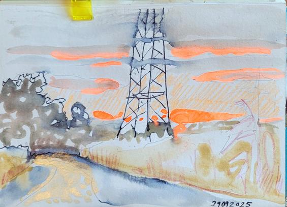 Aquarellskizze: ein Weg durch einen Schilfstreifen, ein Hochspannungsmast in  der Mitte,  links hinten Büsche
