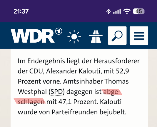 Im Endergebnis liegt der Herausforderer der CDU, Alexander Kalouti, mit 52,9 Prozent vorne. Amtsinhaber Thomas Westphal (SPD) dagegen ist abgeschlagen mit 47,1 Prozent. Kalouti wurde von Parteifreunden bejubelt.