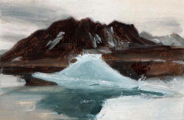 Oil painting. Against the backdrop of an Arctic landscape, dark brown mountains rise like a crown into the cold gray sky, their color counterpointed by frozen and snow-covered scree. In the center, a large piece of ice slowly drifts across the frozen sea, reflecting in muted green and blue tones on the calm water surface.