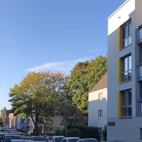 Ein Haus rechts meist im Schatten, mit gelben abgesetzt in der Fassade. Dahinter Bäume mit einigen bunten Blättern zwischen Grün. Blauer Himmel.