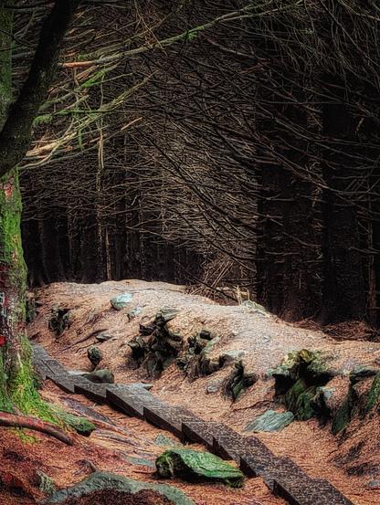 A dark, moody, and atmospheric image of a forest path. Wooden planks form a makeshift staircase or walkway, leading up a sandy, earth-covered incline scattered with dry pine needles, stones, and rocks. On the left, a tree trunk is covered in vibrant green moss. The path is deeply shadowed by a dense canopy of dark, tightly packed trees and tangled branches, creating a claustrophobic yet captivating tunnel effect.