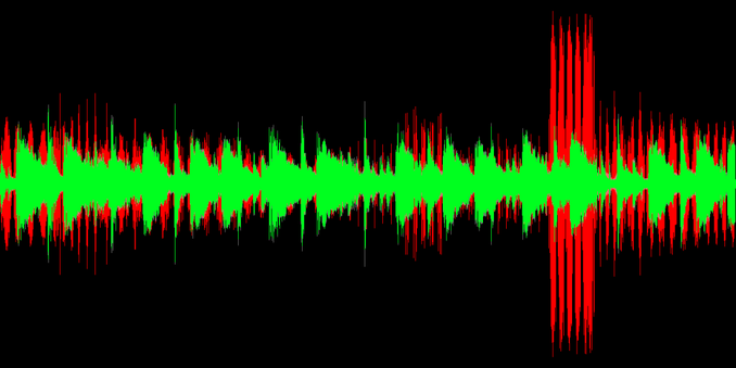 Image shows two layered waveforms, one a corrupt waveform and the other a good original. The corrupt form is in red and the uncorrupt one is green.