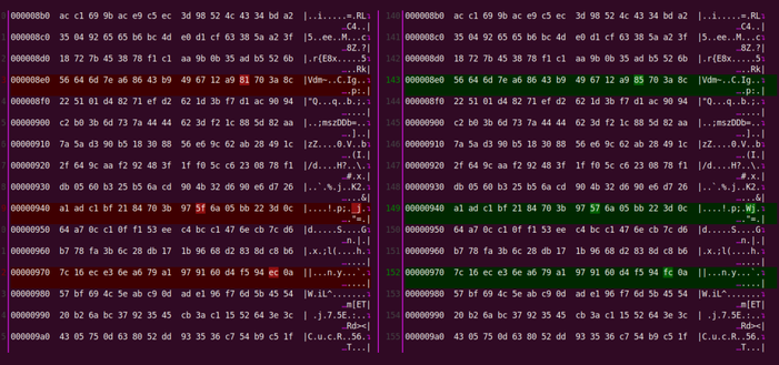Image shows one corrupted file side-by-side with its non-corrupted partner through the lens of a diff tool. The differences are highlighted on the command line in red and green.