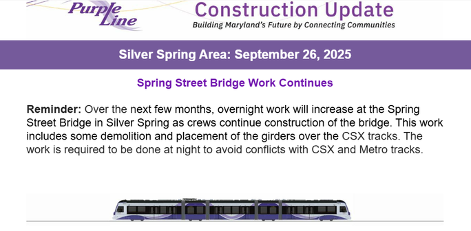 Spring Street Bridge Work Continues

﻿

Reminder: Over the next few months, overnight work will increase at the Spring Street Bridge in Silver Spring as crews continue construction of the bridge. This work includes some demolition and placement of the girders over the CSX tracks. The work is required to be done at night to avoid conflicts with CSX and Metro tracks.