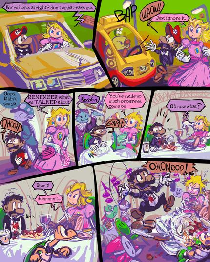 comic strip in which princess toadstool peach and mario go to a restaurant together. Mario keeps getting agitated and peach reacts with annoyance.  finally mario gets a pasta sauce stain on his shirt and then completely flips out in a pose similar to the one that frequently accompanies is defeat in video games along with a musical scale representation of the classic jingle which accompanies that event