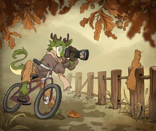 drawing of mossweaver the deerbold on a bike. he stopped to take a photo of a squirrel perched on a nearby fencepost.

the scene is framed by oak leaves, which have turned a warm orange colour, announcing loudly and clearly that autumn has arrived.