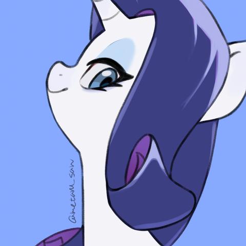 Rarity from My Little Pony: Friendship is Magic, is looking at you with her side face.