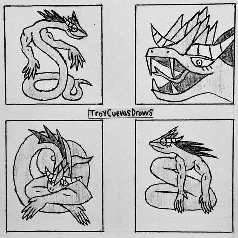 Four panels showing the lindworm form of Augusta (the lindworm troublemaker)

Upper-left panel: Augusta in her lindworm form standing up

Upper-right panel: Augusta in her lindworm form showing her fangs

Lower-left panel: Augusta in her lindworm form coiled up and relaxing

Lower-right panel: Augusta in her lindworm form looking up