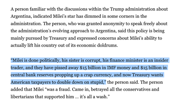 A person familiar with the discussions within the Trump administration about Argentina, indicated Milei’s star has dimmed in some corners in the administration. The person, who was granted anonymity to speak freely about the administration’s evolving approach to Argentina, said this policy is being mainly pursued by Treasury and expressed concerns about Milei’s ability to actually lift his country out of its economic doldrums.

“Milei is done politically, his sister is corrupt, his finance minister is an insider trader, and they have pissed away $15 billion in IMF money and $15 billion in central bank reserves propping up a crap currency, and now Treasury wants American taxpayers to double down on stupid,” the person said. The person added that Milei “was a fraud. Came in, betrayed all the conservatives and libertarians that supported him … it’s all a wash.”