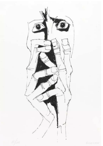 Black ink sketch on white paper of elongated hands clasped in front of a face. The bridge of the nose and eyes are visible