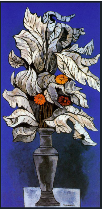 Painting in neo-expressionist style of flowers in a vase in front of a dark blue background. The flowers are ash-gray except two orange and one red blossom