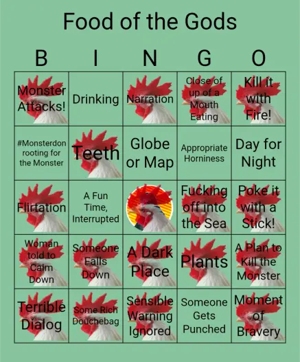 A bingo card covered in rooster head emoji stamps