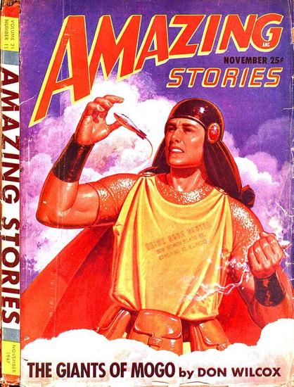 A giant figure in medieval helmet, armour, belt, and tunic is reaching out a hand to grab a shiny space ship which has flown past its shoulder. Its other hand is holding a smoking object, presumably another ship.
Amazing Stories magazine cover from 1947.