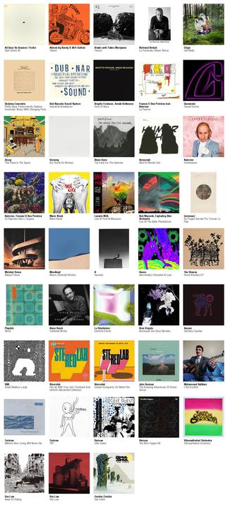 Collage des pochettes des albums de Ad Vanz Vs Gescom / Foehn (Split Series #2), Ahmed Ag Kaedy & Will Guthrie (Tidawt), Arashi with Takeo Moriyama (Tokuzo), Bertrand Betsch (La Traversée, Album Bonus), Clogs (Veil Waltz), Dedalus Ensemble (Philip Glass Performed By Dedalus Ensemble: Music With Changing Parts), Dub Narcotic Sound System (Industrial Breakdown), Brigitte Fontaine, Areski Belkacem (Vous Et Nous), Francis Et Ses Peintres feat. Katerine (La Paloma), Garaventa (Casual Drama), Groop (This Place Is The Space), Growing (Dry Drunk On Woman), Steve Gunn (Too Early For The Hammer), Humcrush (Rest At Worlds End), Katerine (Confessions), Katerine, Francis Et Ses Peintres (52 Reprises Dans L'Espace), Marie Klock (Marie Klock), Lucrate Milk (Live At Pont-À-Mousson), Rob Mazurek, Exploding Star Orchestra (Live At The Adler Planetarium), [minmae] (Sa Trappe Secrete Por Trouver La Paix), Molchat Doma (Belaya Polosa), Mondkopf (Waves (Selected Works)), Ø (Sysivalo), Osees (Abomination Revealed At Last), The Ohsees (Grave Blockers EP), Playdoh (Démo), Steve Reich (Collected Works), Le Révélateur (Extreme Events), Rien Virgule (Berceuses Des Deux Mondes), Sanam (Sametou Sawtan), SML (Small Medium Large), Stereolab (Fed Up With Your Job / Constant And Uniform Movement Unknown), Stereolab (Instant Holograms On Metal Film), John Surman (The Amazing Adventures Of Simon Simon), Mohammad Syfkhan (I Am Kurdish), Tortoise (Millions Now Living Will Never Die) et quelques autres