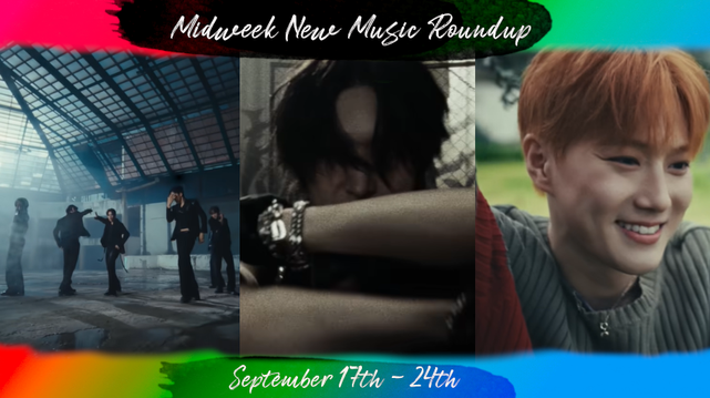 In a distressed frame (top and bottom bars only, red to blue left to right gradient), three screenshots. Leftmost, five members of Korean male idol group LUN8 , wearing black suits, dance in an open arena-like space. In the center, a close-up of a young Korean man (Mingi of ATEEZ), his face mostly obscured by long bangs, holding his arms in front of his chest in box pose, hands fisted. He is about to make the biting sign, a signal in street dance vocabulary that means someone has stolen your move, your style, or a whole concept. Rightmost, a close-up of a grinning Korean man with ginger-red hair (SUHO of EXO), wearing a soft grey sweater, leaning against an unseen tree. Title text reads Midweek New Music Roundup. Bottom text reads September 17th - 24th.