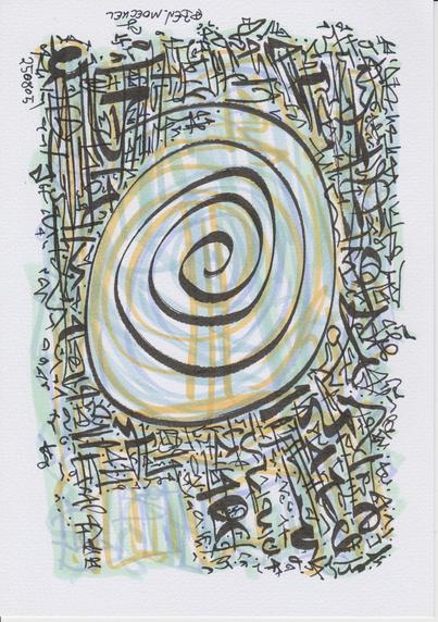 Abstract digital artwork featuring a hypnotic light blue and yellow-ochre spiral at the center, dominating a pale green background. Deep black symbolic characters surround the spiral, creating a powerful contrast between the luminous, floating central vortex and the dense, complex peripheral language. The spiral acts as a cosmic portal, representing inner centering, spiritual awakening, and the gravitational pull of personal power. Inspired by sacred geometry and mandala principles, the image embodies a meditative visual experience of calm amidst chaos.