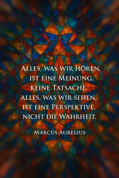 Zitat: „Alles, was wir hören, ist eine Meinung, keine Tatsache. Alles, was wir sehen, ist eine Perspektive, nicht die Wahrheit.“  — Marcus Aurelius
