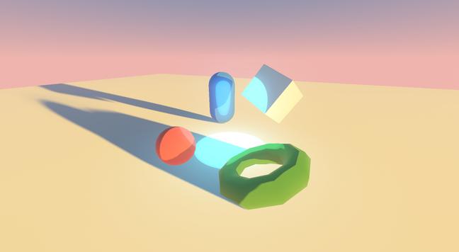 A small rendering setup of several simple shapes lit by a setting sun and a bright blue point light. The shader goes for a stylised cell shaded look.