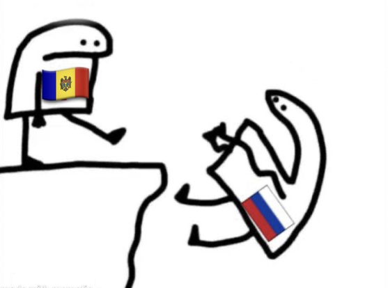 Cartoon of a Moldovan stick man kicking a Russian stick man off a cliff.