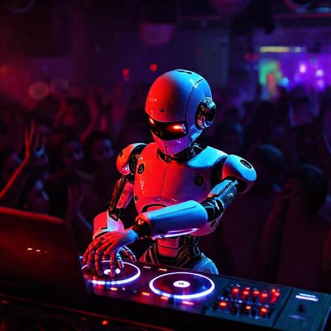 Ein Roboter, der an einem DJ-Pult steht, im Hintergrund tanzende Menschen