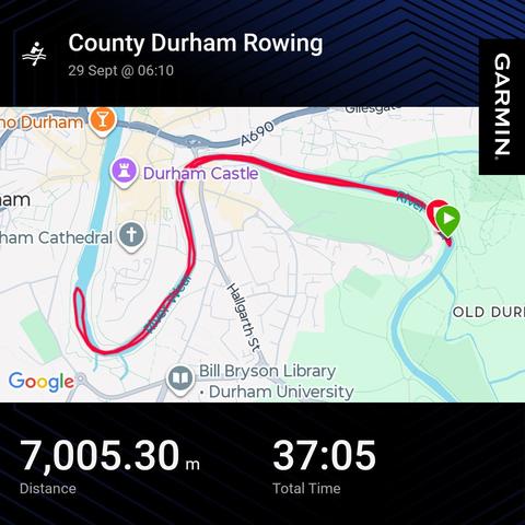 Map of the river wear through Durham showing a sculling session. 7km 37m
