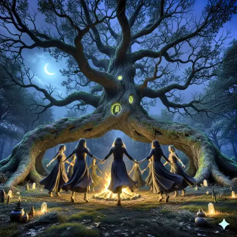 generata AI Cerchio di streghe che ballano al fuoco sotto un allbero