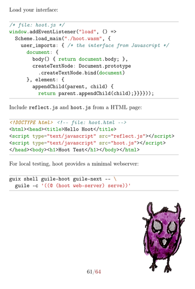 A book page with code (javascript, html, and shell) and the sketch of a purple owl in the lower right corner.