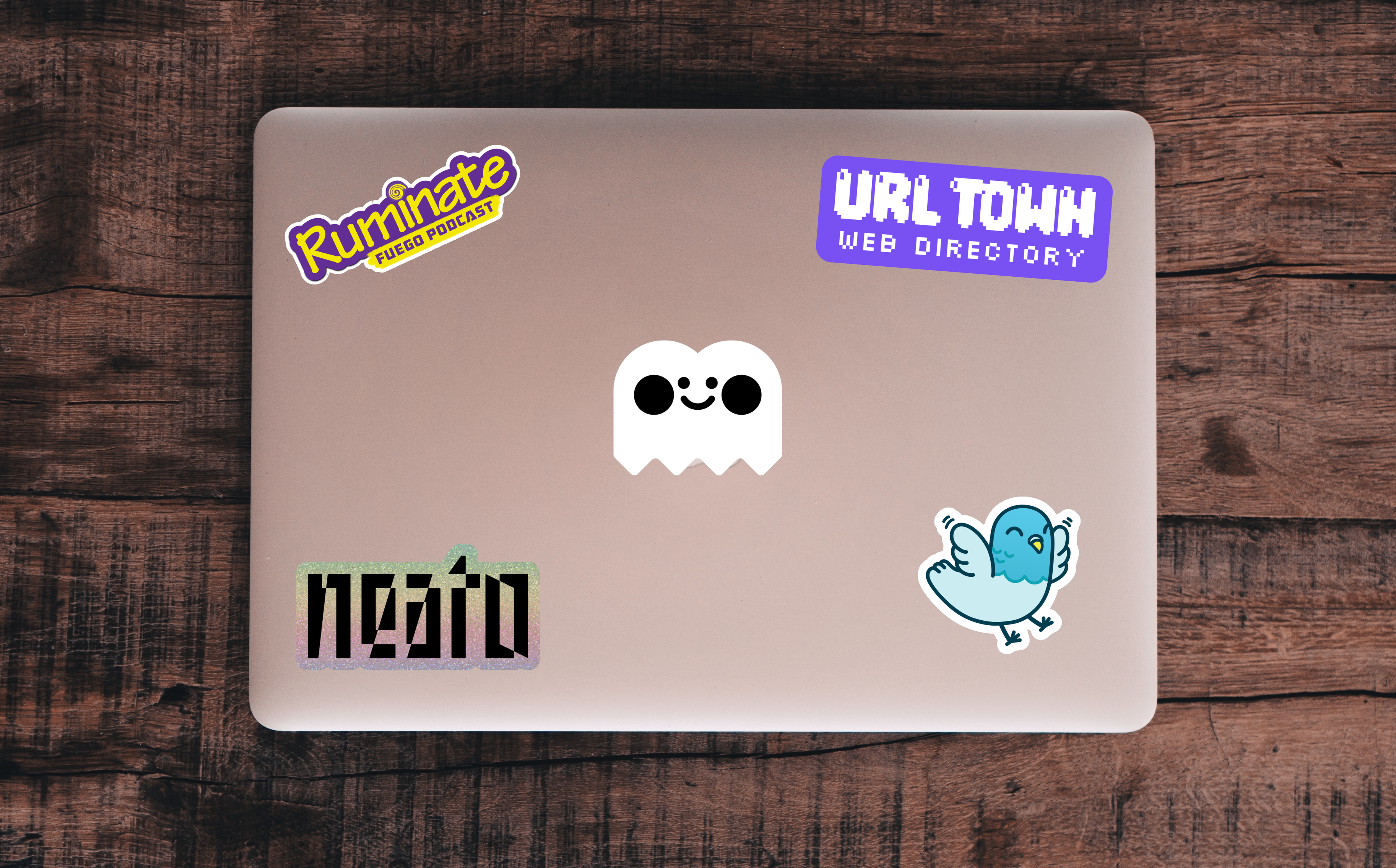 A laptop on a wooden desk with five stickers on it. One in each corner, and one in the center. The center one is a Prami ghost. There is a Ruminate one, a url.town one, a neat one, and a Penelope pigeon one.