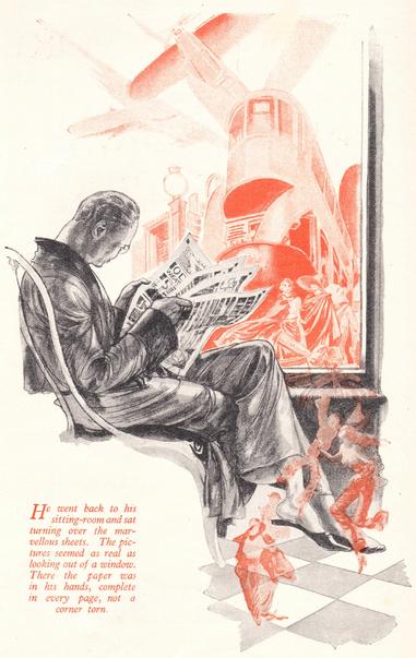 A man in a dressing gown is reading a newspaper. At his feet dance small transparent people. Through his window can be seen, in orange ink, an art deco train or ship, with propeller-driven aeroplanes flying overhead.