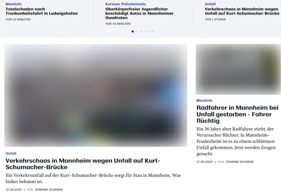 Screenshot des oberen Teils der Webseite des Mannheimer Morgen mit den im Post genannten Meldungen.