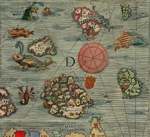 Detail of Olaus Magnus’s 1539 Carta marina map, showing Thule (Tile) between the Hebrides, the Orkney, and the Faeroe islands, in a place where no actual island exists; Iceland is depicted on the map outside of this detailed section; colored 16th-century map depicting various islands, real and fictional, in the North Atlantic