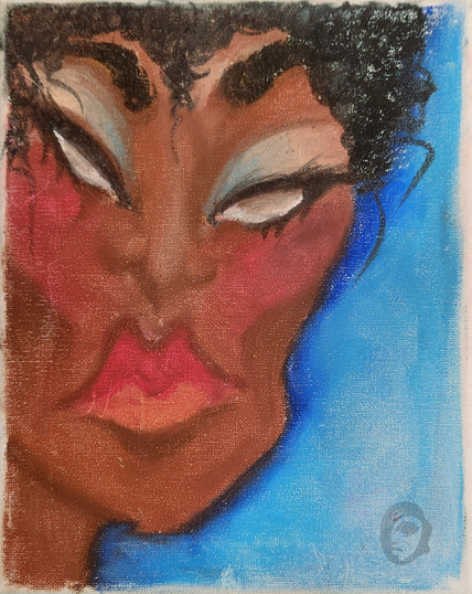Self-portrait artwork in pastel chalk, 2019. The figure is rendered with layered strokes and soft blending, emphasizing texture and warmth.