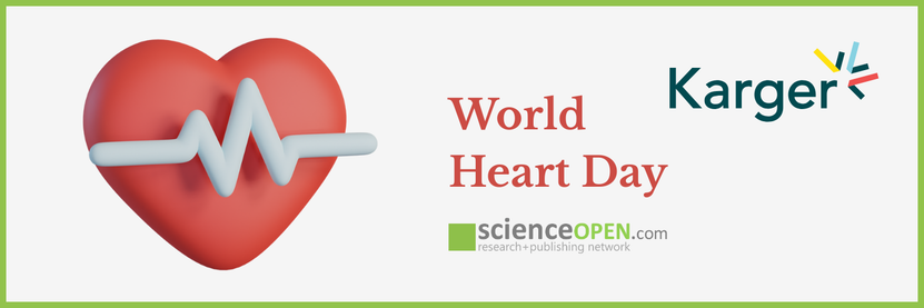 A 3D illustration of a red heart with a white heartbeat line, placed beside the text "World Heart Day" and the logos of ScienceOpen and Karger Publishers on an off-white background with a green border.