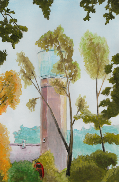 A painting of a watertower, partially hidden behind some trees. In front there are bushes with a human-size firebug in them, what is he doing?