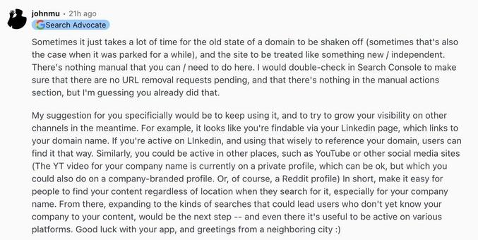 Google's @johnmu on using an old domain with history, "Sometimes it just takes a lot of time for the old state of a domain to be shaken off"