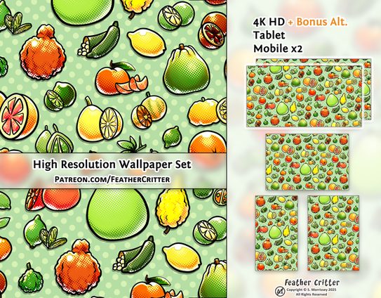 Tiling artwork of dozens of colorful citrus fruit in a pop art screentone style. On the right are examples of how it can be used as a phone/computer wallpaper. Text reads, "High Resolution Wallpaper Set - Patreon.com/FeatherCritter - 4K HD + Bonus alt - Tablet - Mobile x2