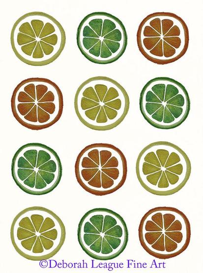 This artwork features rows of colorful citrus slices, including oranges, lemons, and limes.  It beautifully captures the fresh, juicy essence of citrus fruits with vivid hues. Perfect for brightening up any kitchen, dining space, or gallery with its refreshing and cheerful aesthetic.