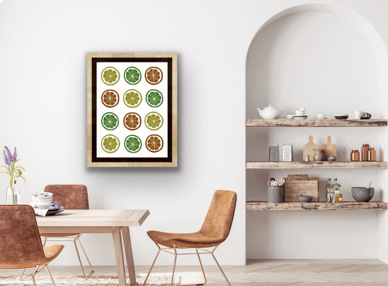 Framed art shown in a display room.