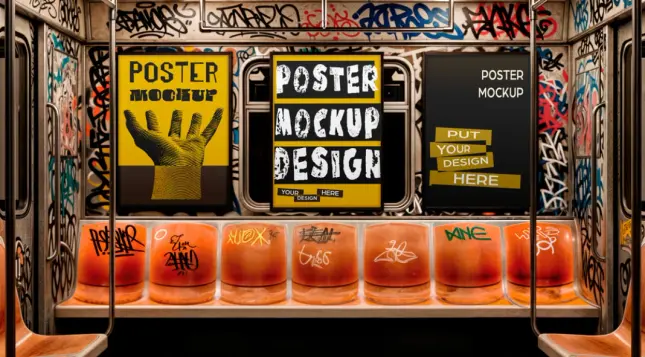 Urban Subway Poster Mockup for Adobe Photoshop – Triple Frame Display with Graffiti Background by Gustavo Comunello