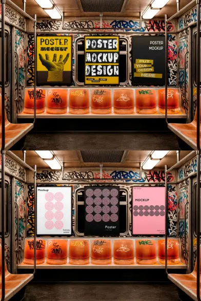 Urban Subway Poster Mockup for Adobe Photoshop – Triple Frame Display with Graffiti Background by Gustavo Comunello