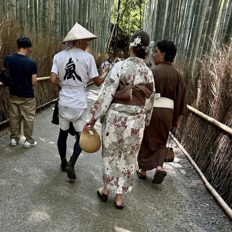 Some traditional clothed people from behind walking in bamboo forest